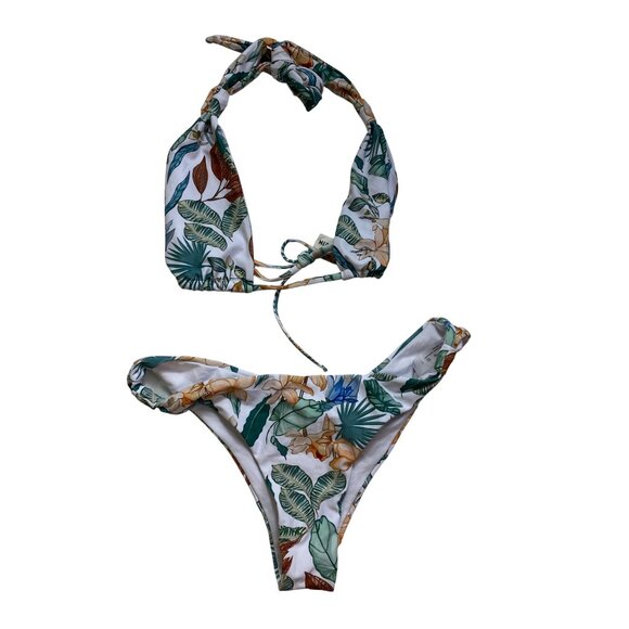 Tropical Print Halter Bikini Large White & Green Two-Piece Swimwear Sexy‎ Beach - Picture 4 of 8